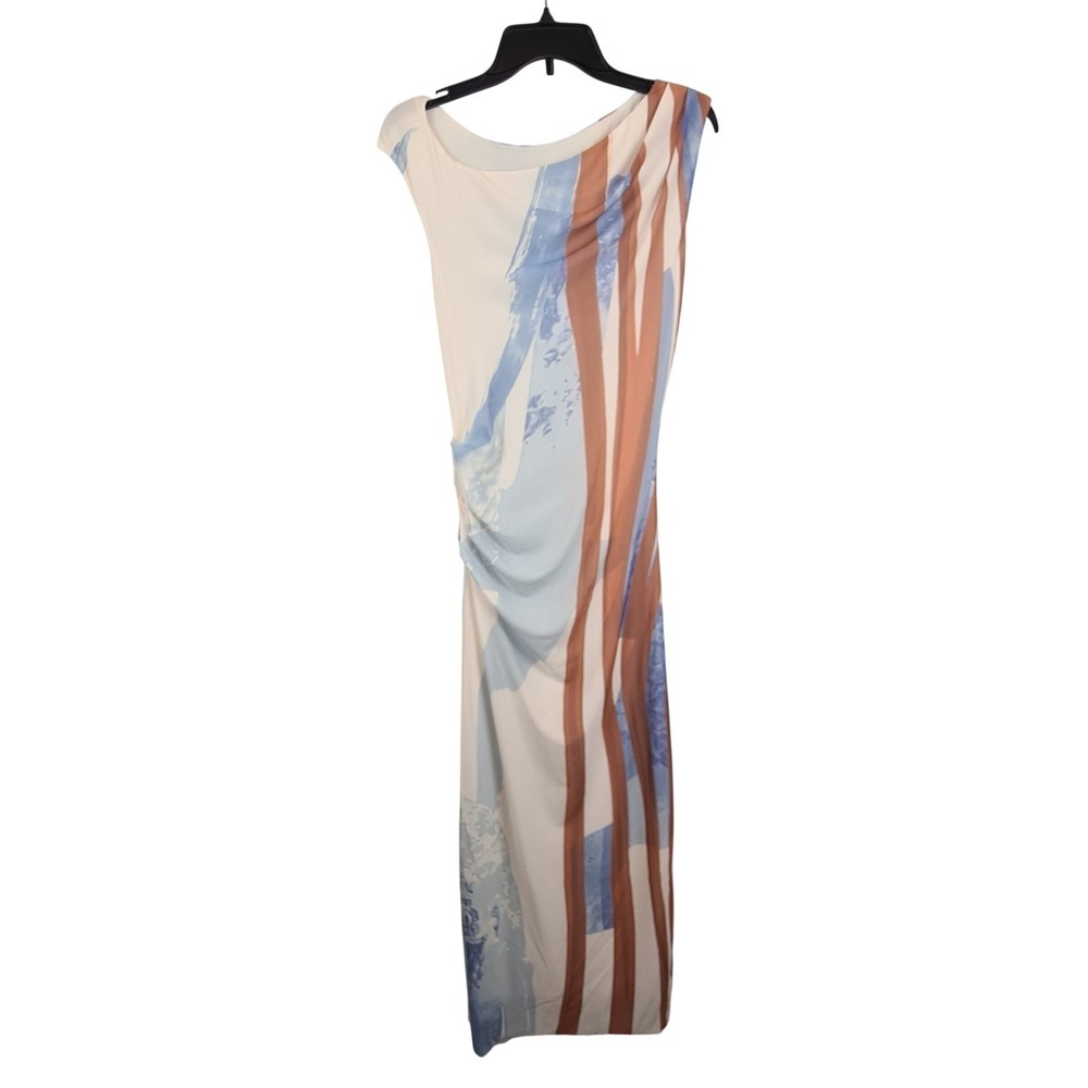 SOVERE STUDIO Hunter Mesh Maxi Dress Abstract Ruched XS Blue Spice Off Shoulder